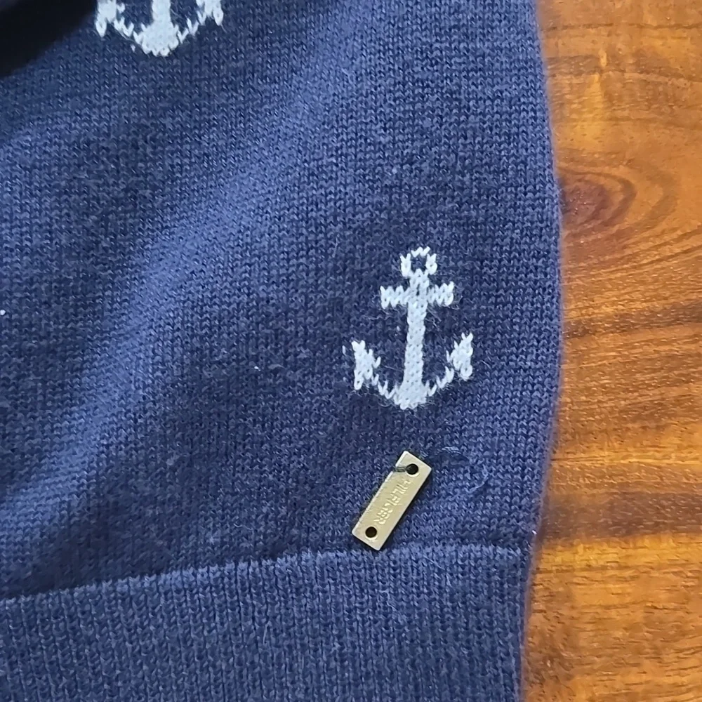 Tommy Hilfiger 100% Pima Cotton Navy Blue And White Anchor Cardigan Size Small